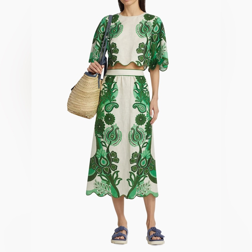 NWOT FARM RIO Green White Floral scalloped Midi SKIRT and TOP linen SET S